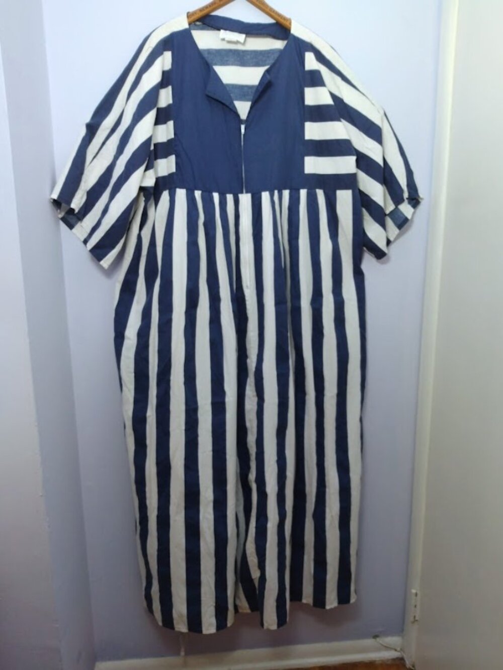 Vintage Caftan Muumuu House Dress Coverup Blue & White Stripe 3X Coastal Grandma